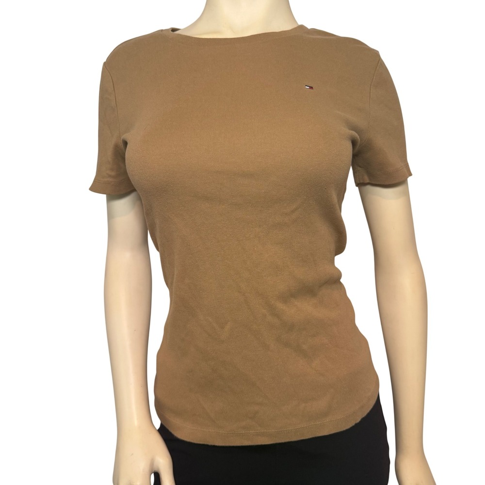 Tommy Hilfiger Womens Tan Cotton Ribbed Short Sleeve Crewneck T-Shirt Medium